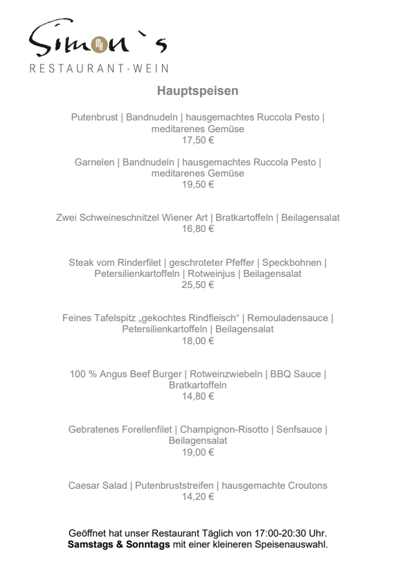Speisekarte, Simon`s Café & Restaurant