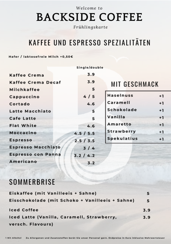 Speisekarte, Backside Coffee Grömitz