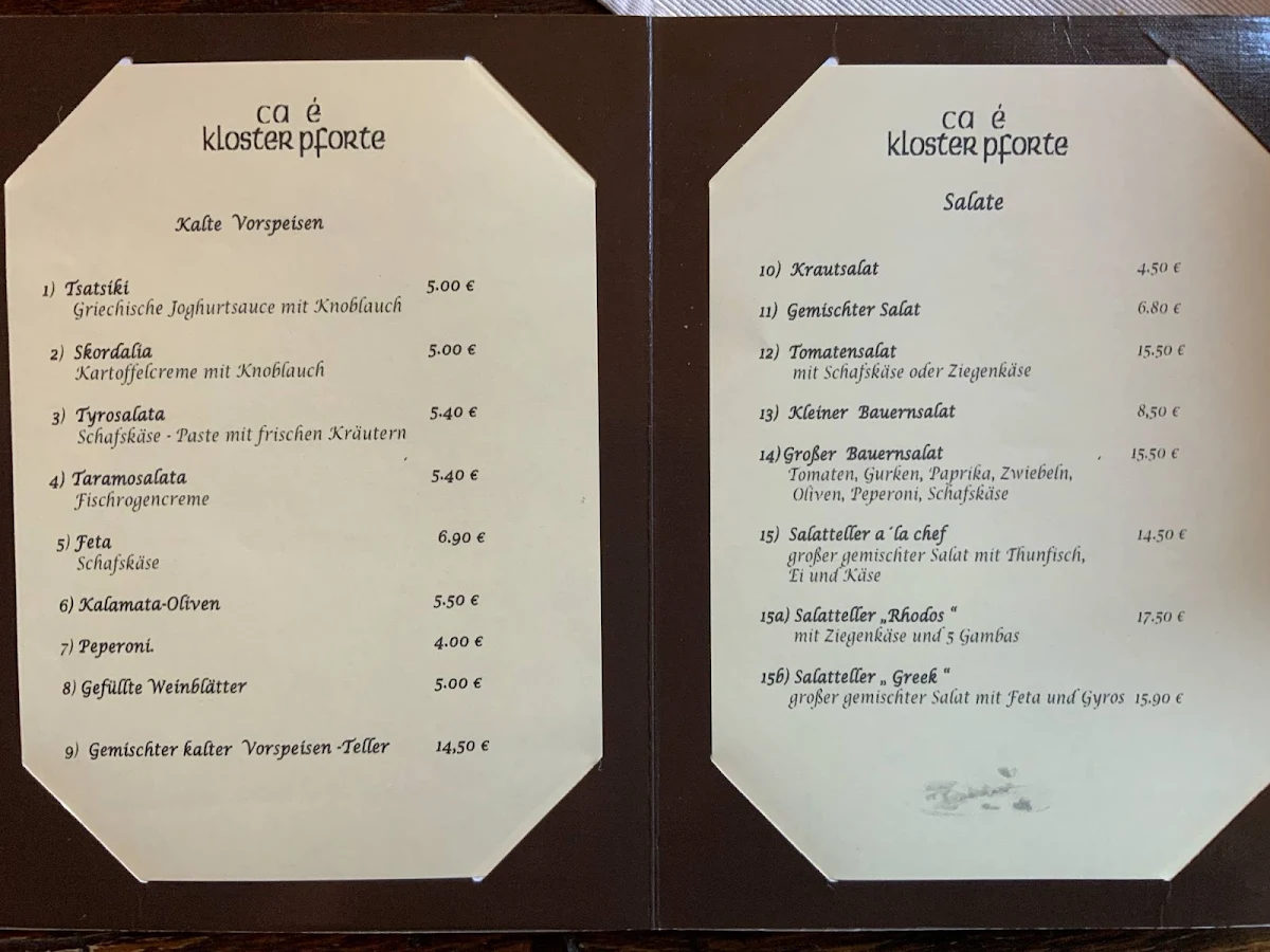 Speisekarte, Cafe Klosterpforte
