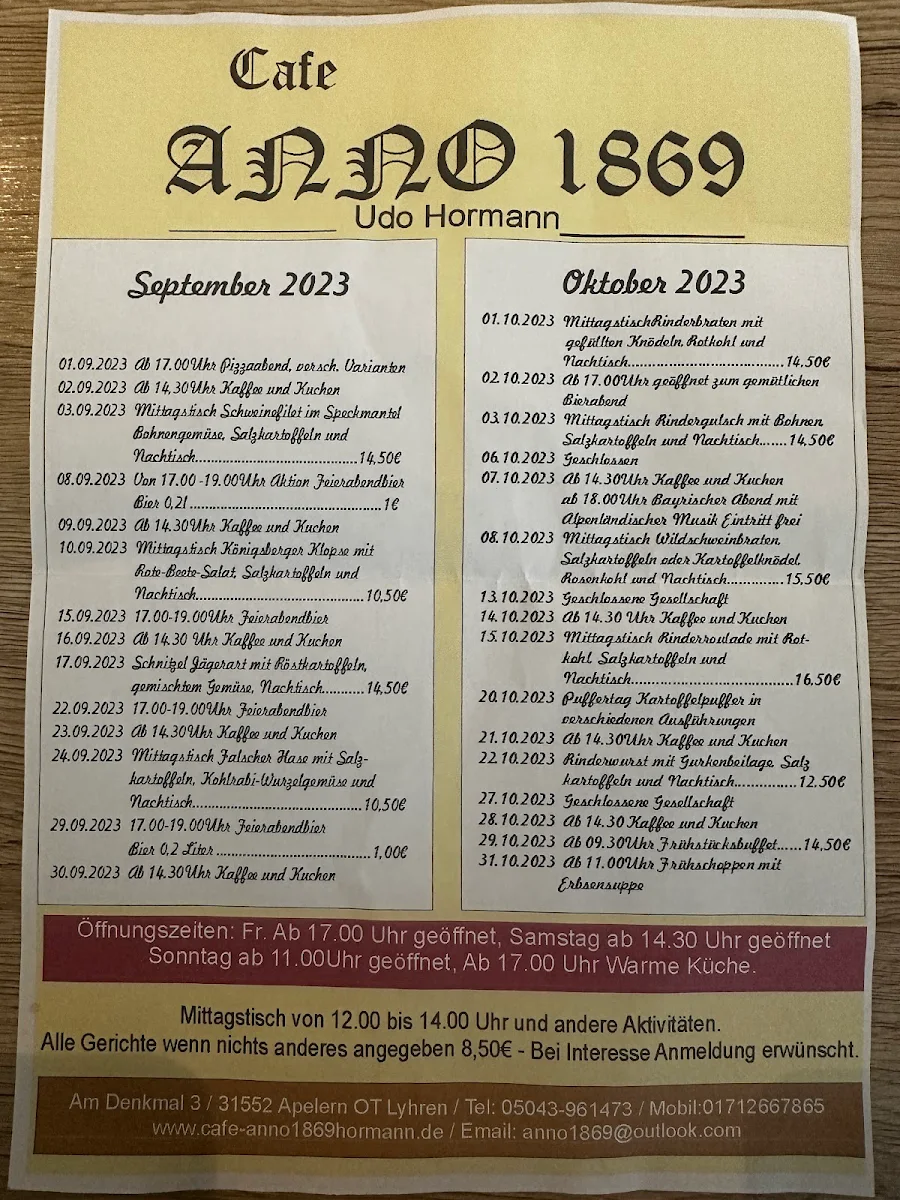 Speisekarte, Cafe Anno