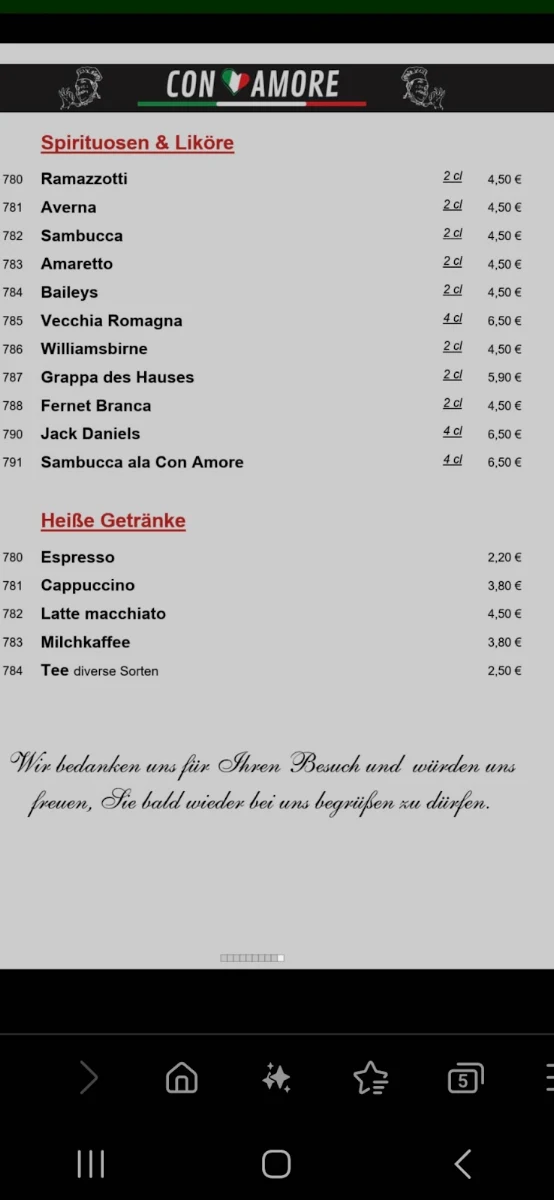 Speisekarte, Ristorante Pizzeria Con Amore
