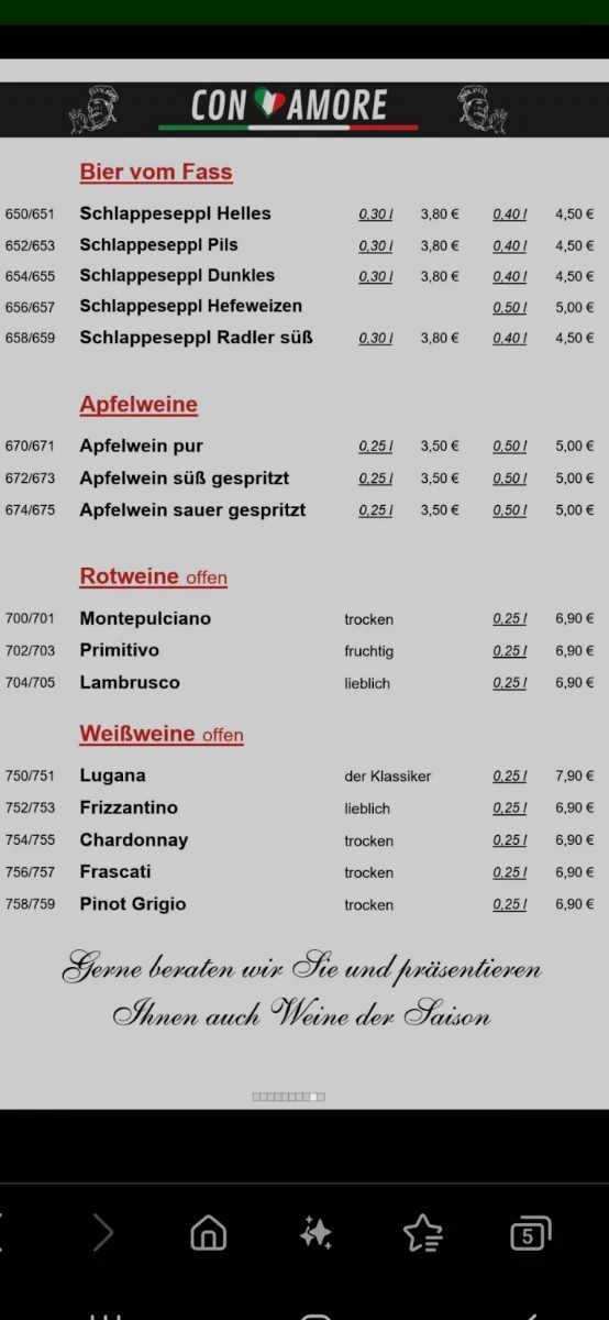 Speisekarte, Ristorante Pizzeria Con Amore