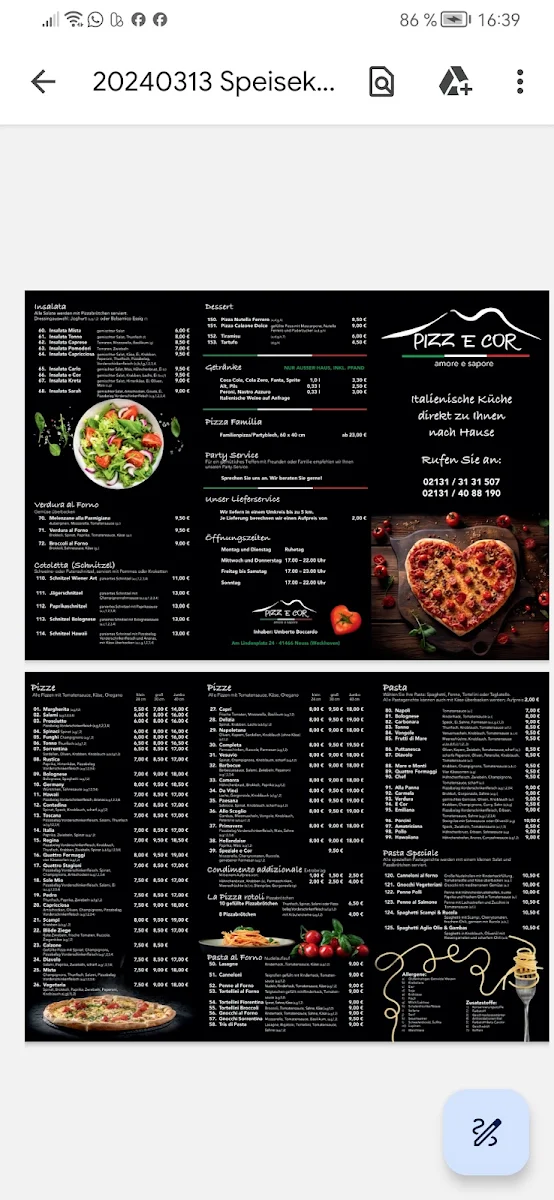 Speisekarte, Pizzeria Pizz e Cor Neuss