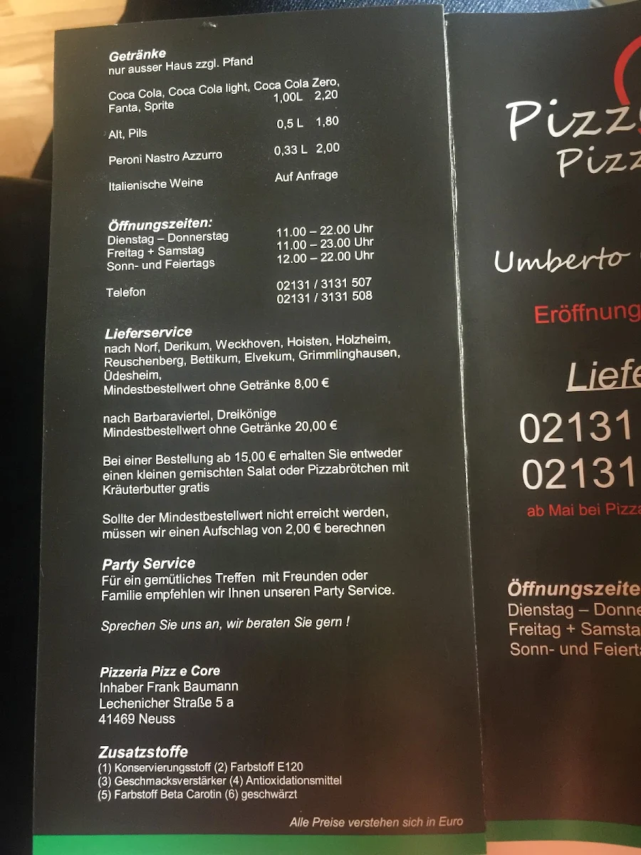 Speisekarte, Pizzeria Pizz e Cor Neuss