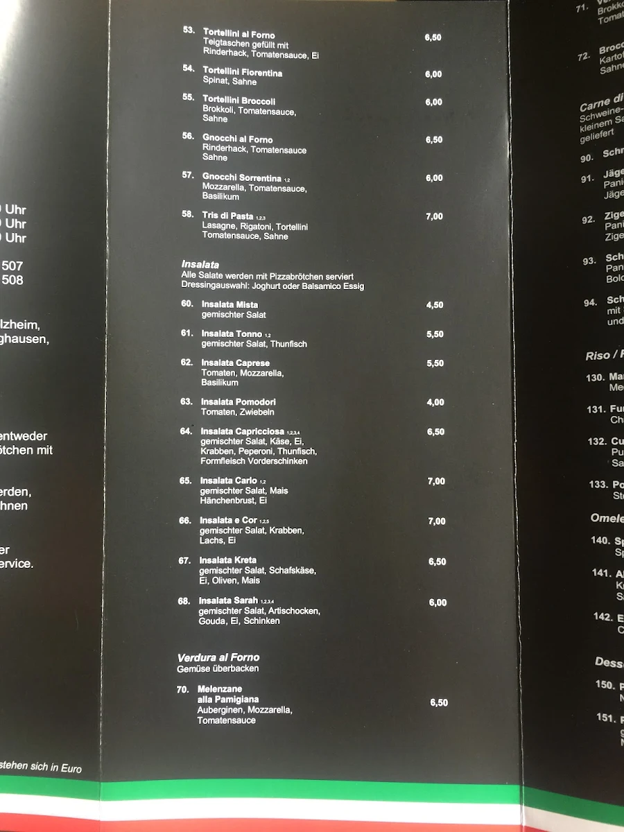Speisekarte, Pizzeria Pizz e Cor Neuss