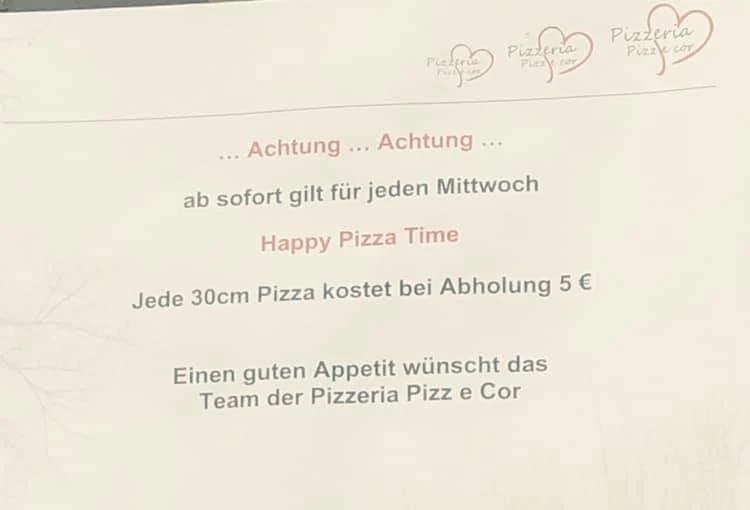 Speisekarte, Pizzeria Pizz e Cor Neuss