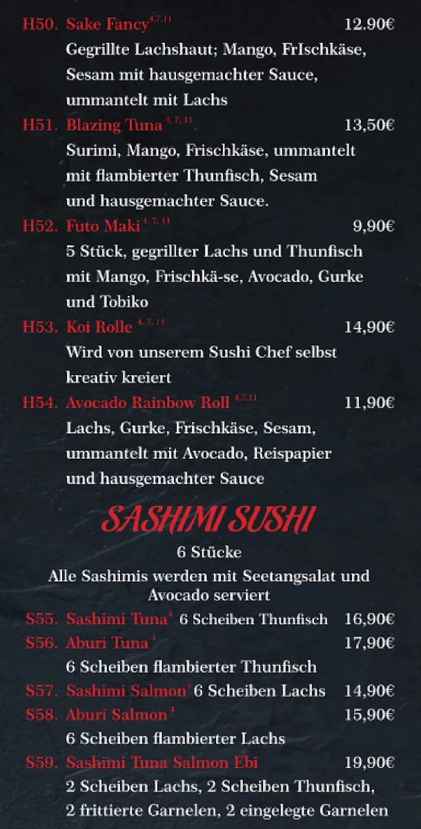 Speisekarte, Asia Koi