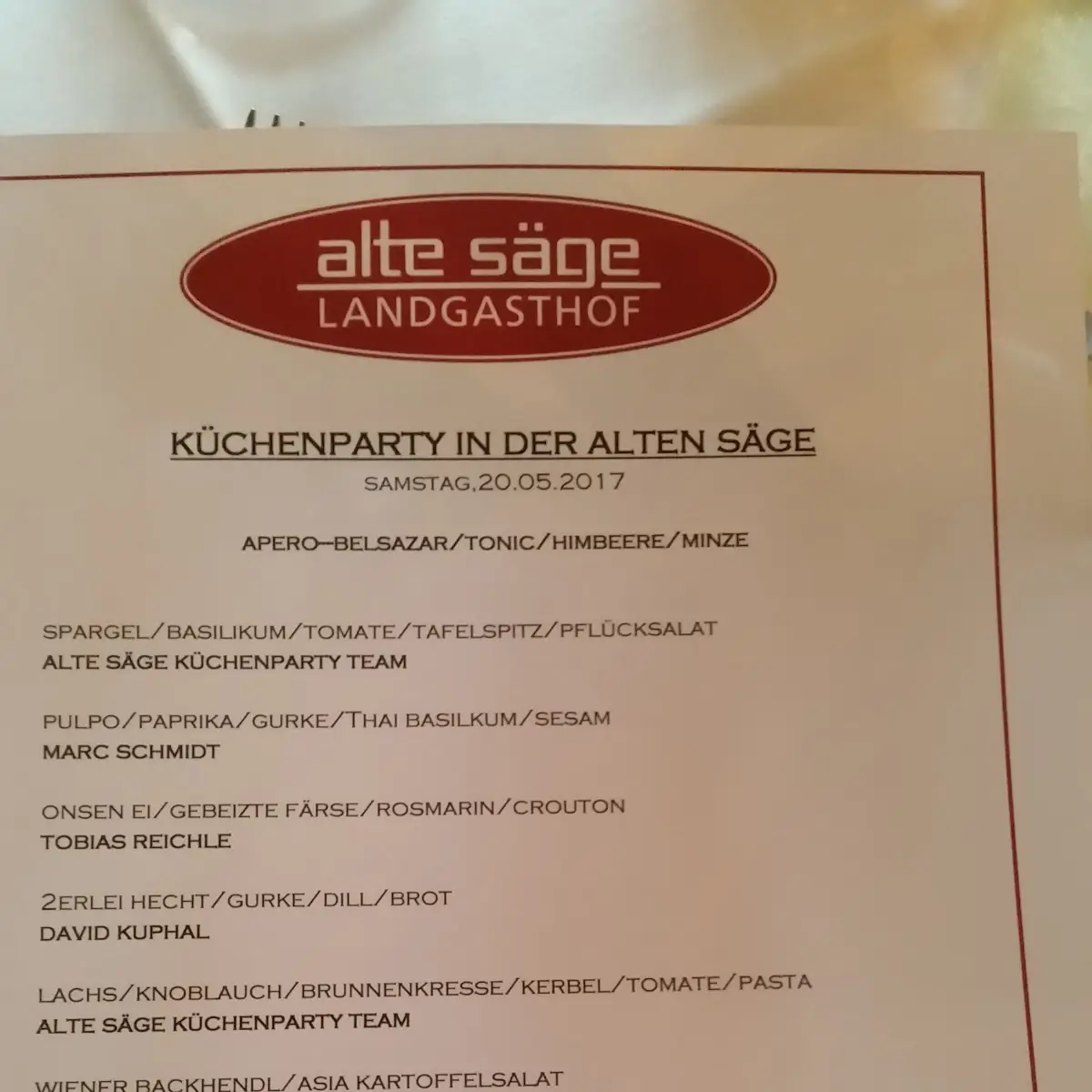 Speisekarte, Landgasthof Alte Säge