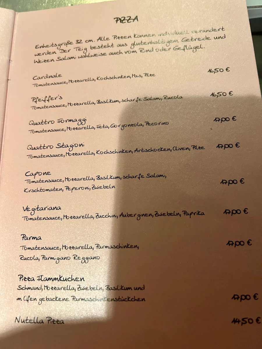Speisekarte, Pfeiffer's PIZZA