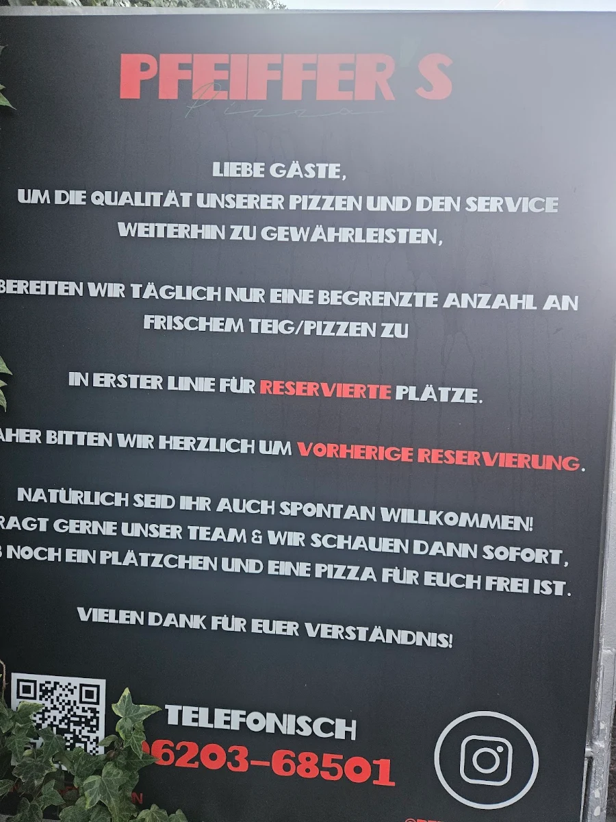 Speisekarte, Pfeiffer's PIZZA