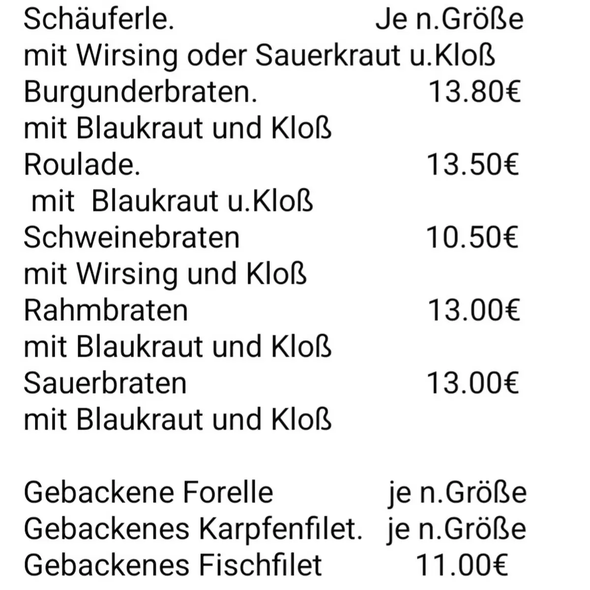 Speisekarte, Gasthof Walz - Sonja Walz-Kelmendi