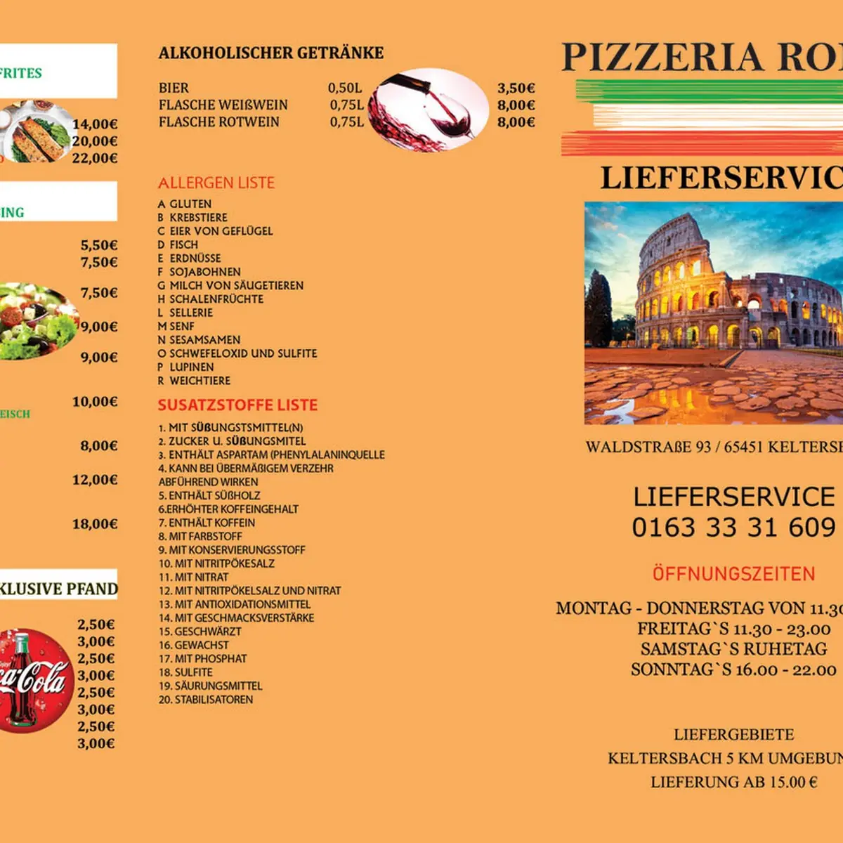 Speisekarte, Pizzeria Roma