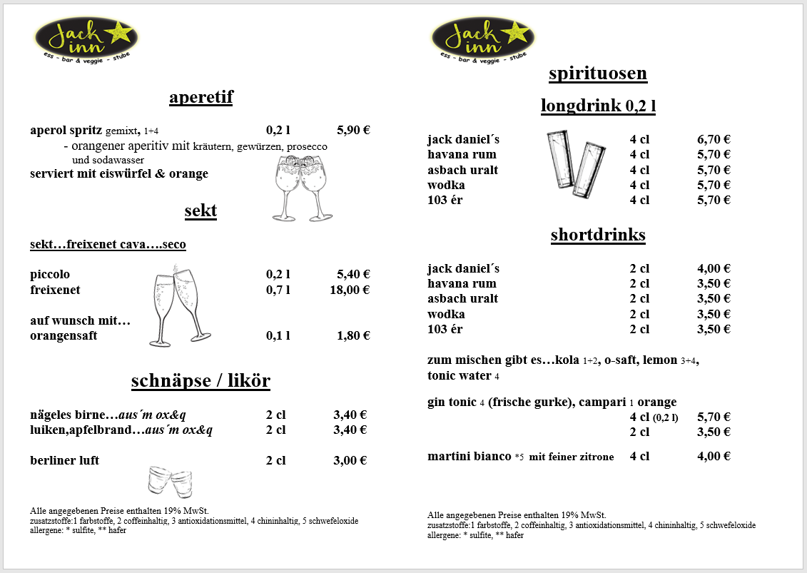 Speisekarte, ess - bar & veggie - stube, jack inn