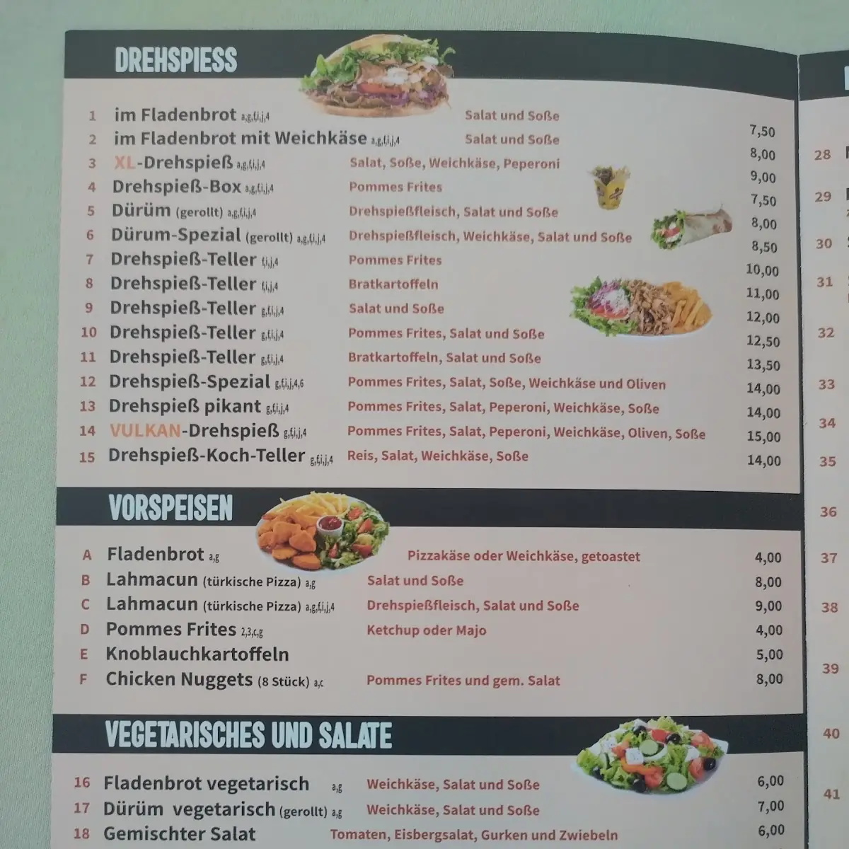 Speisekarte, Vulkan Bistro Grill