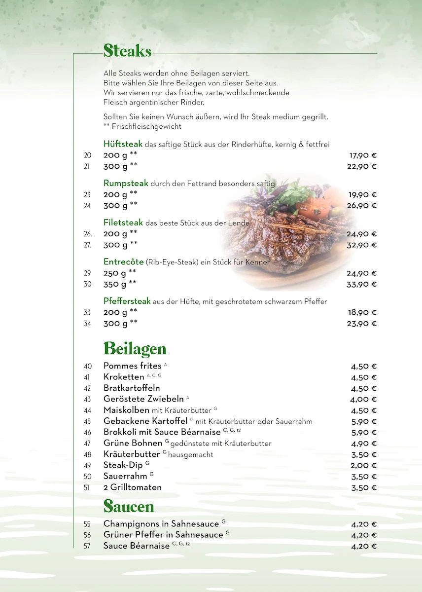 Speisekarte, Asador Steakhaus zum Seeblick