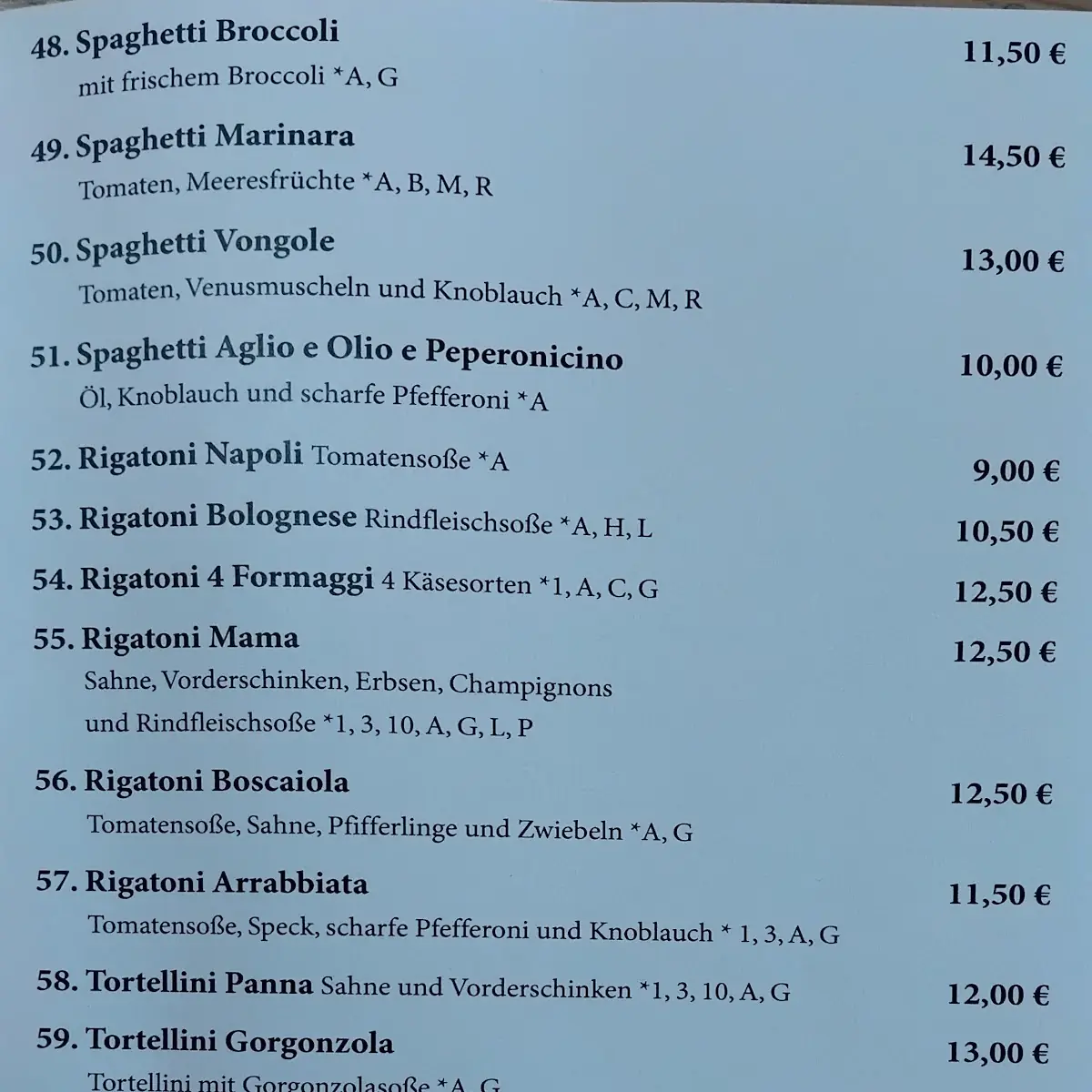 Speisekarte, Pizzeria Galeria