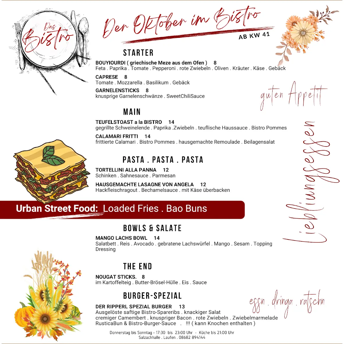 Speisekarte, Das Bistro & Kleinkunstbühne - Laufen