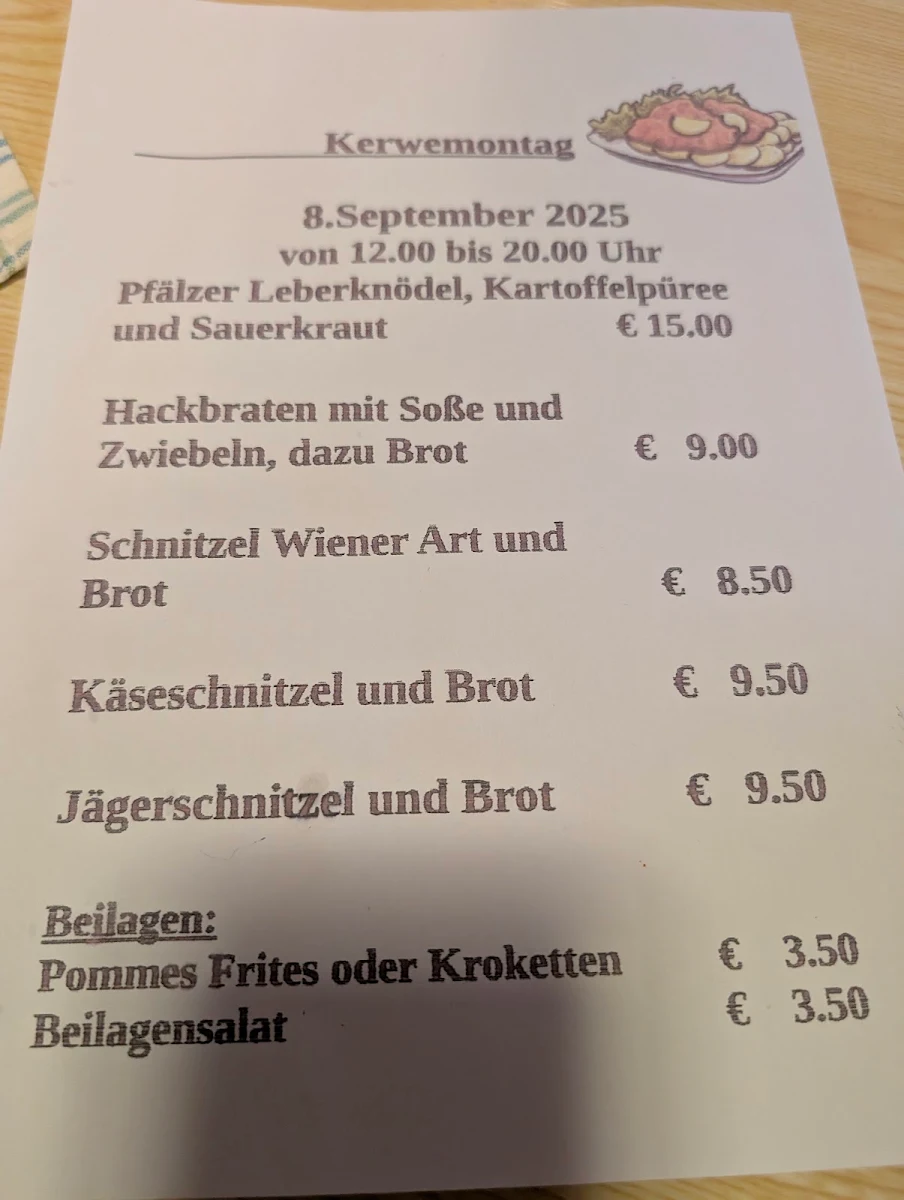 Speisekarte, Gaststätte Zur Dorfschänke Mandler, Armin u. Bettina Termine nach Absprache möglich,