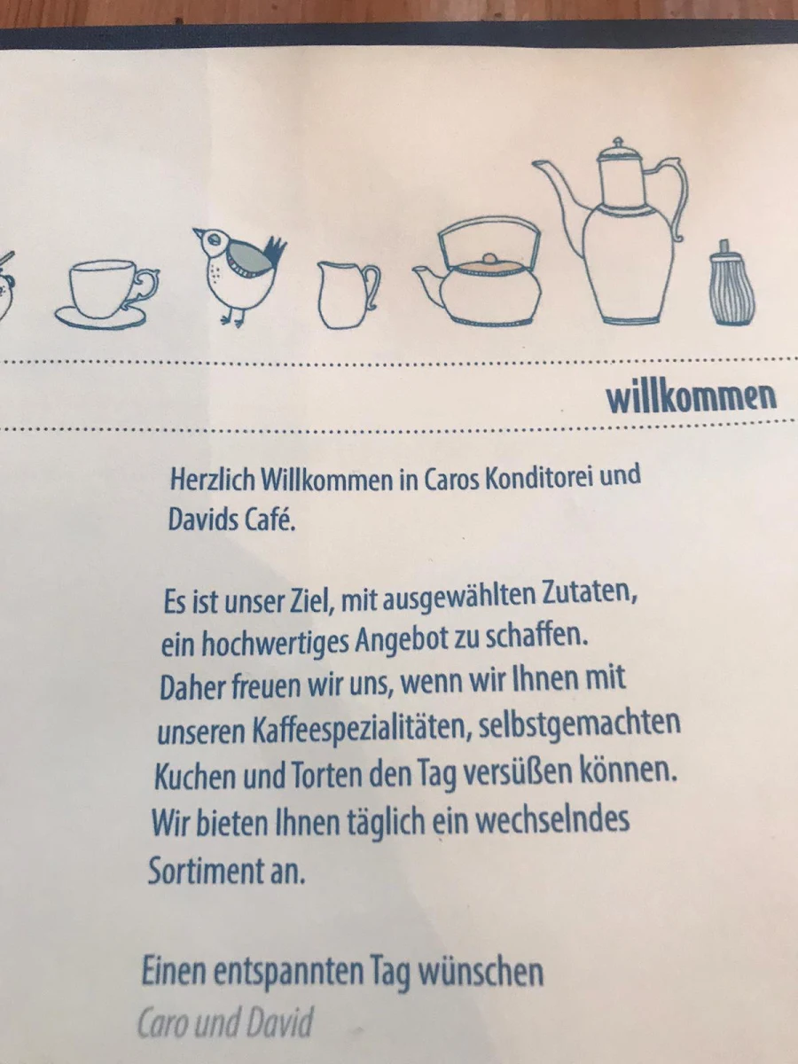 Speisekarte, Caros Konditorei und Café