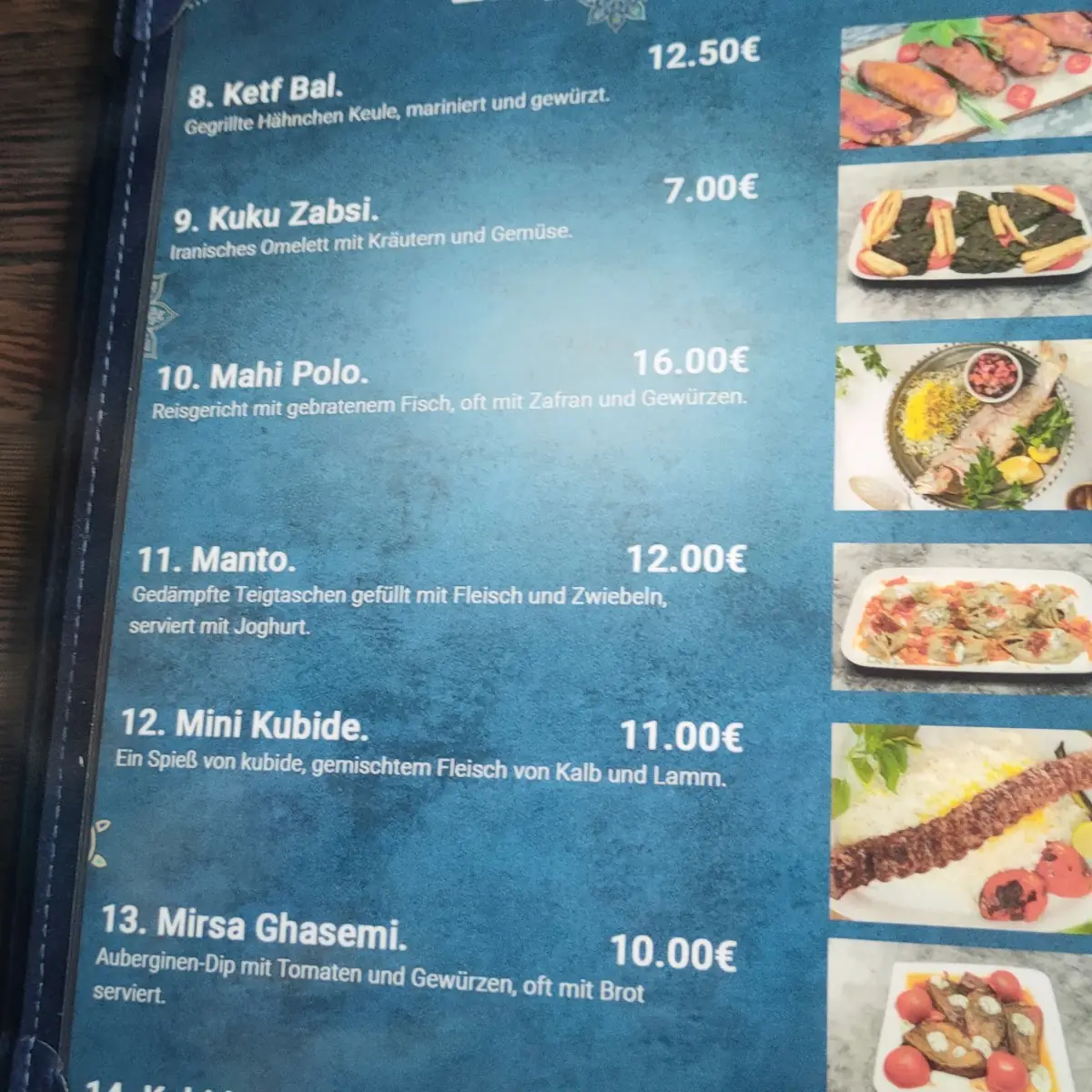 Speisekarte, Molana Restaurant