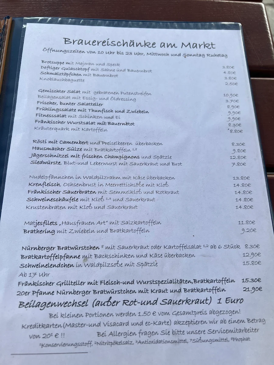 Speisekarte, Brauereischänke am Markt