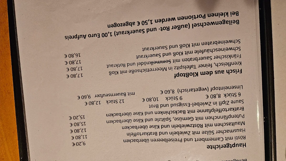 Speisekarte, Brauereischänke am Markt