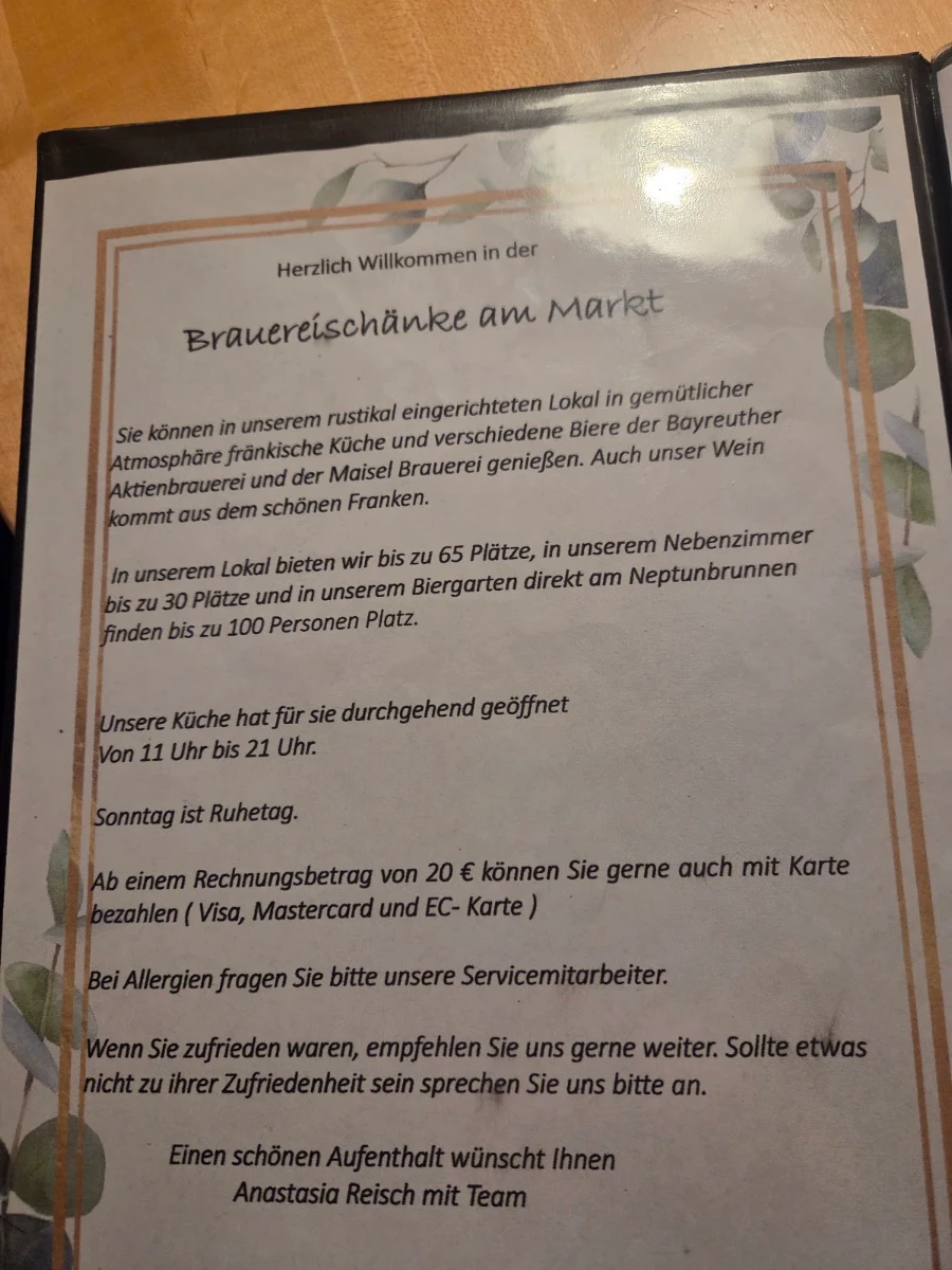 Speisekarte, Brauereischänke am Markt