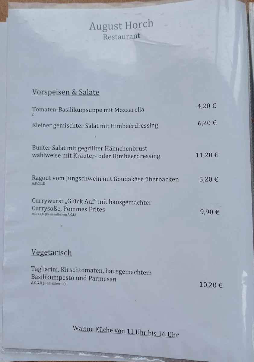 Speisekarte, Restaurant August Horch