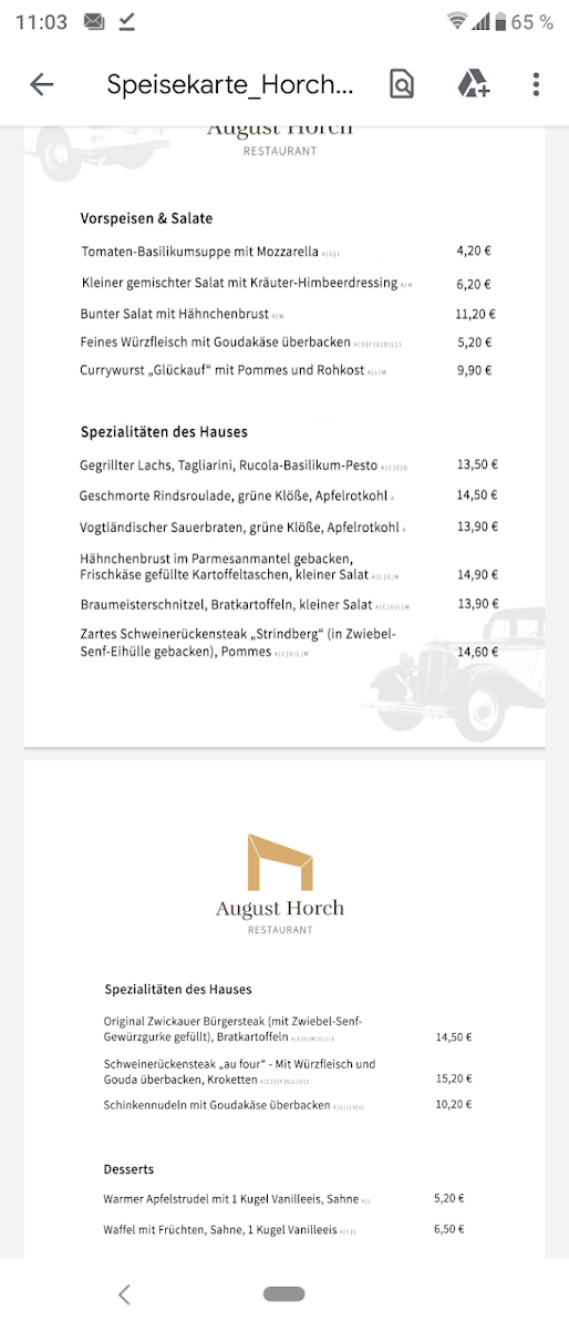 Speisekarte, Restaurant August Horch