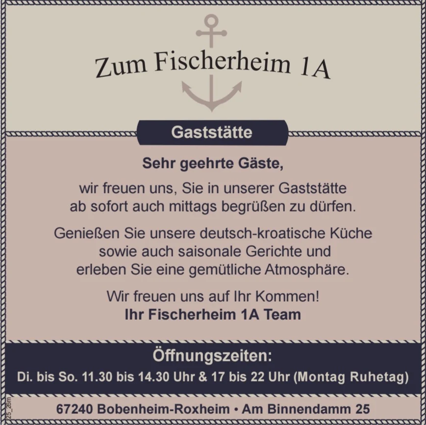Speisekarte, Zum Fischerheim 1A