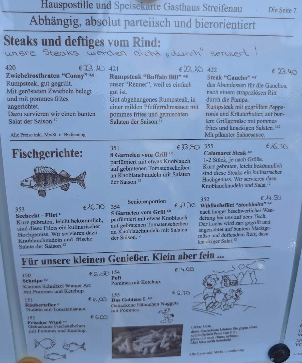 Speisekarte, Gasthaus Streifenau Inh. Cornelia Werner