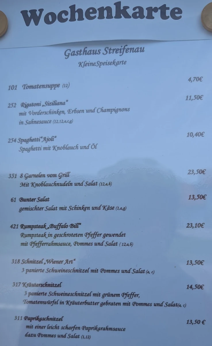 Speisekarte, Gasthaus Streifenau Inh. Cornelia Werner