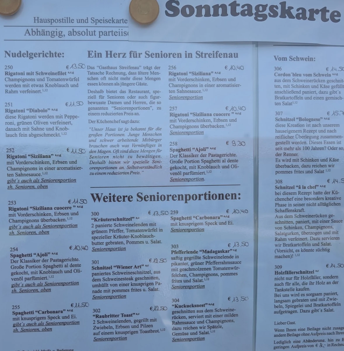 Speisekarte, Gasthaus Streifenau Inh. Cornelia Werner