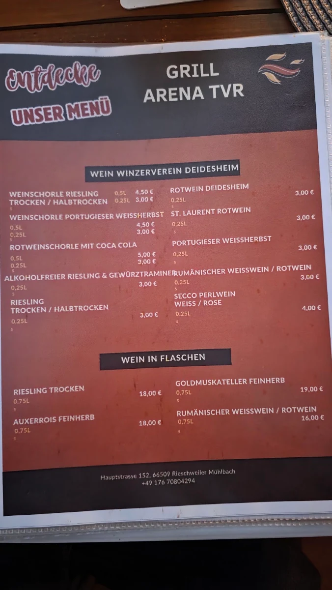Speisekarte, Grill Arena TVR
