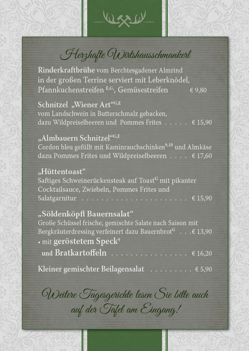Speisekarte, Berggaststätte Söldenköpfl