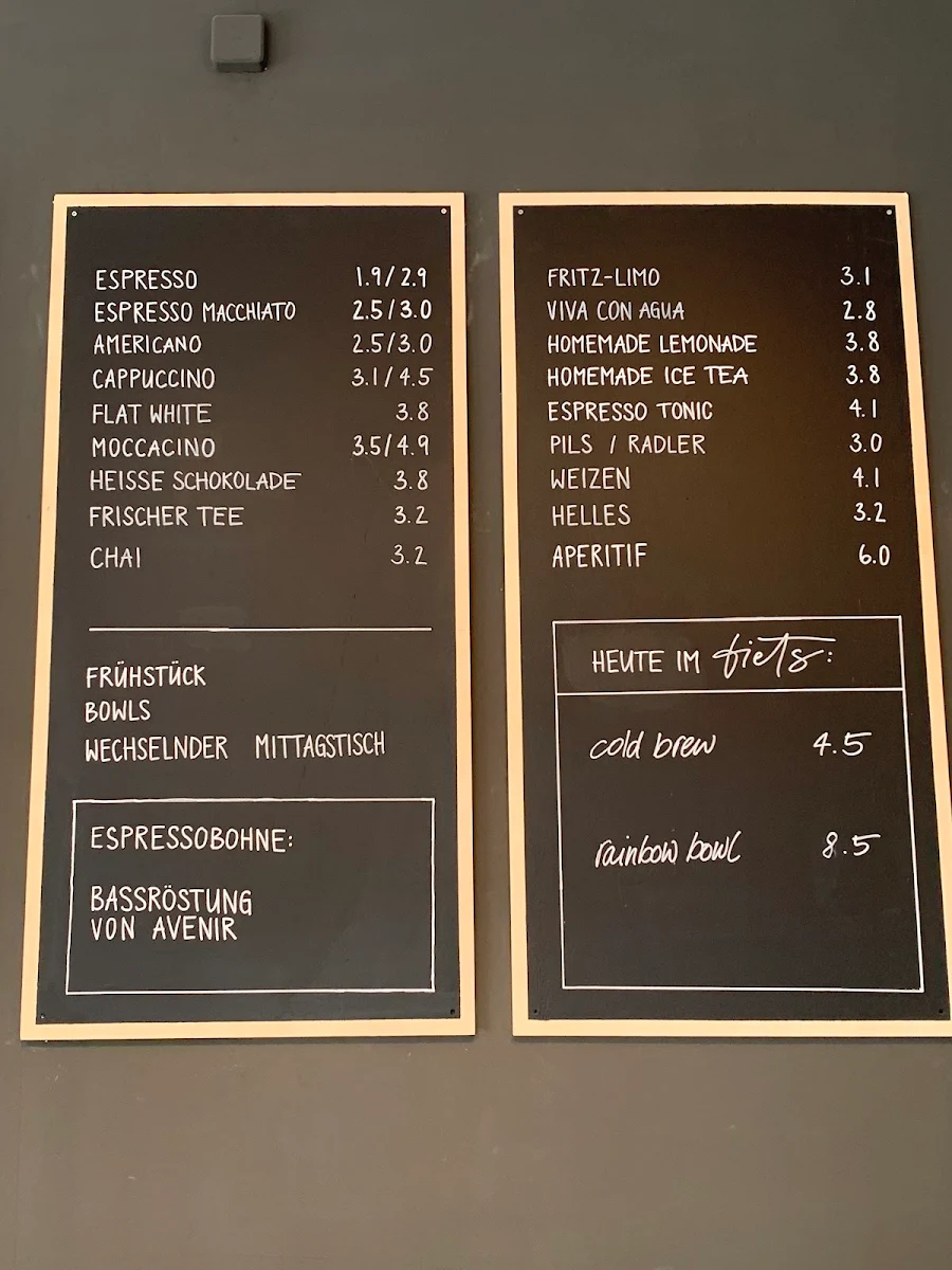 Speisekarte, fiets kaffee.bar