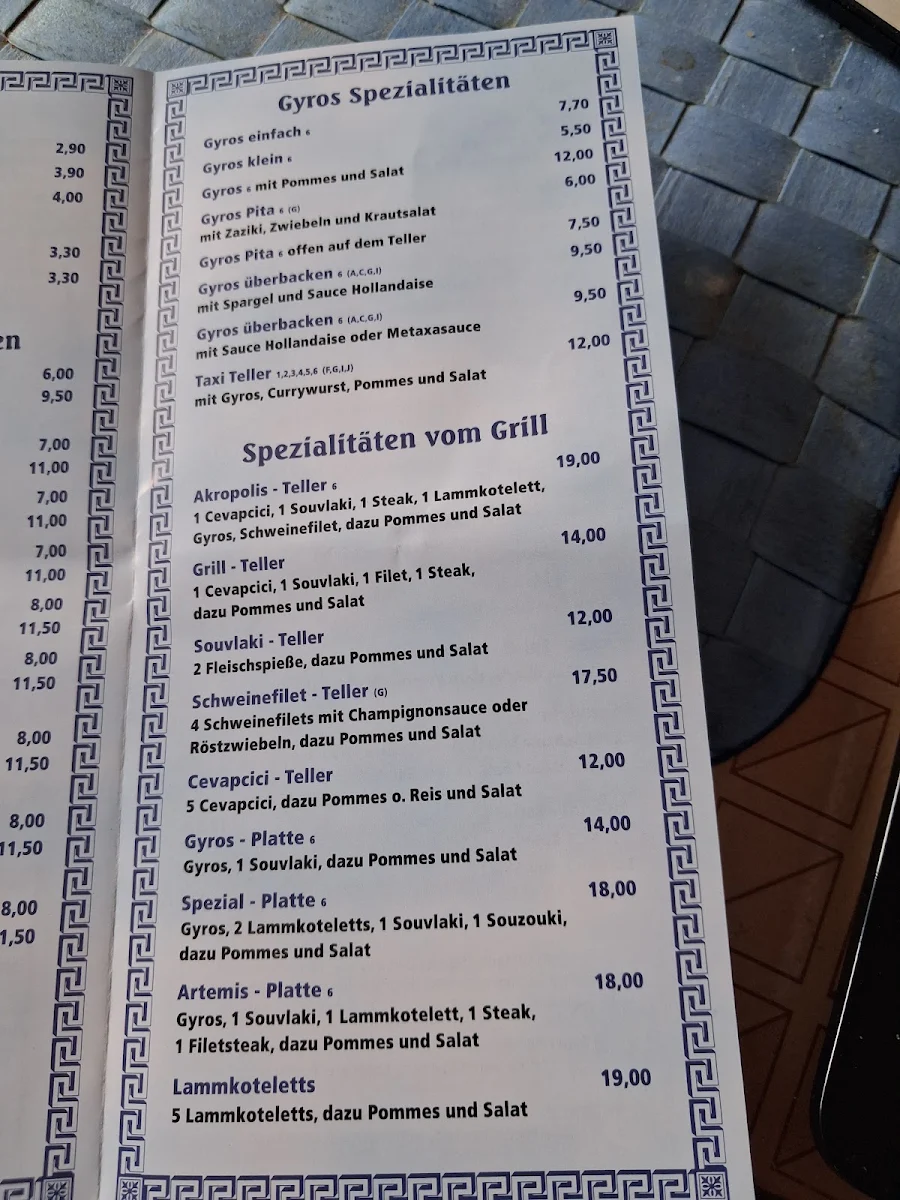 Speisekarte, Artemis Grill