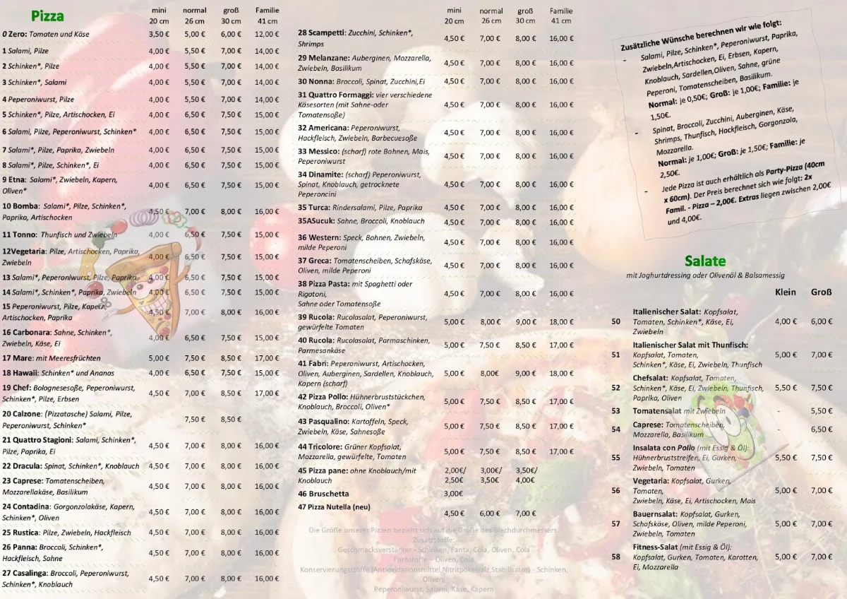 Speisekarte, Pizzeria Etna