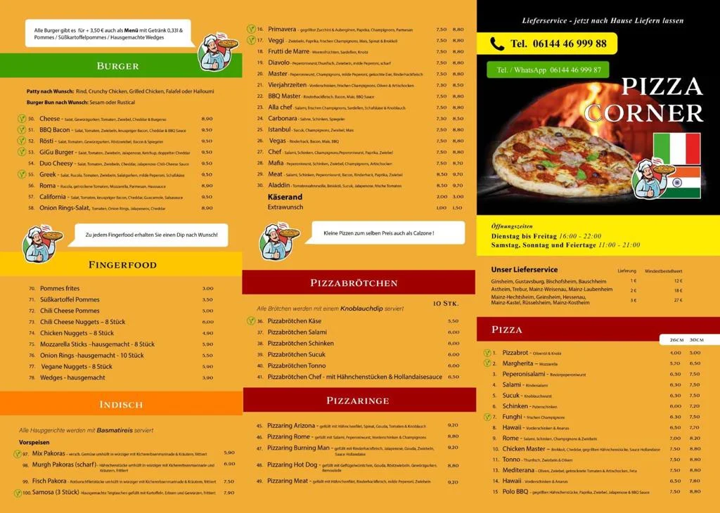 Speisekarte, Pizza Corner