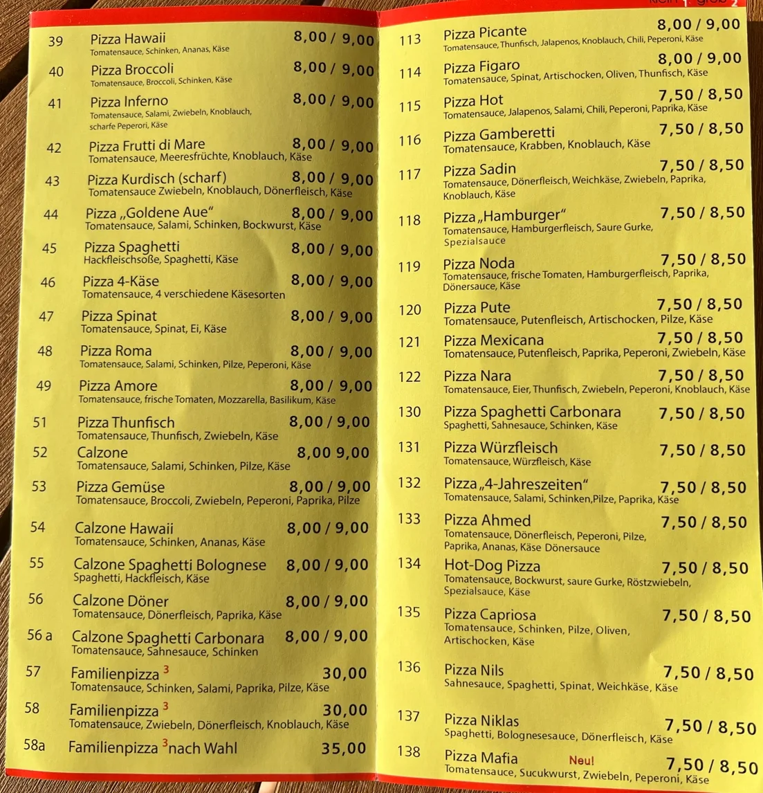 Speisekarte, Pizzeria Sadin