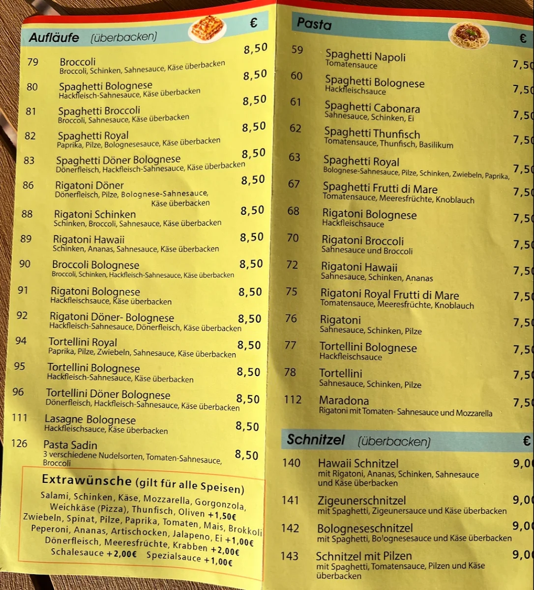 Speisekarte, Pizzeria Sadin