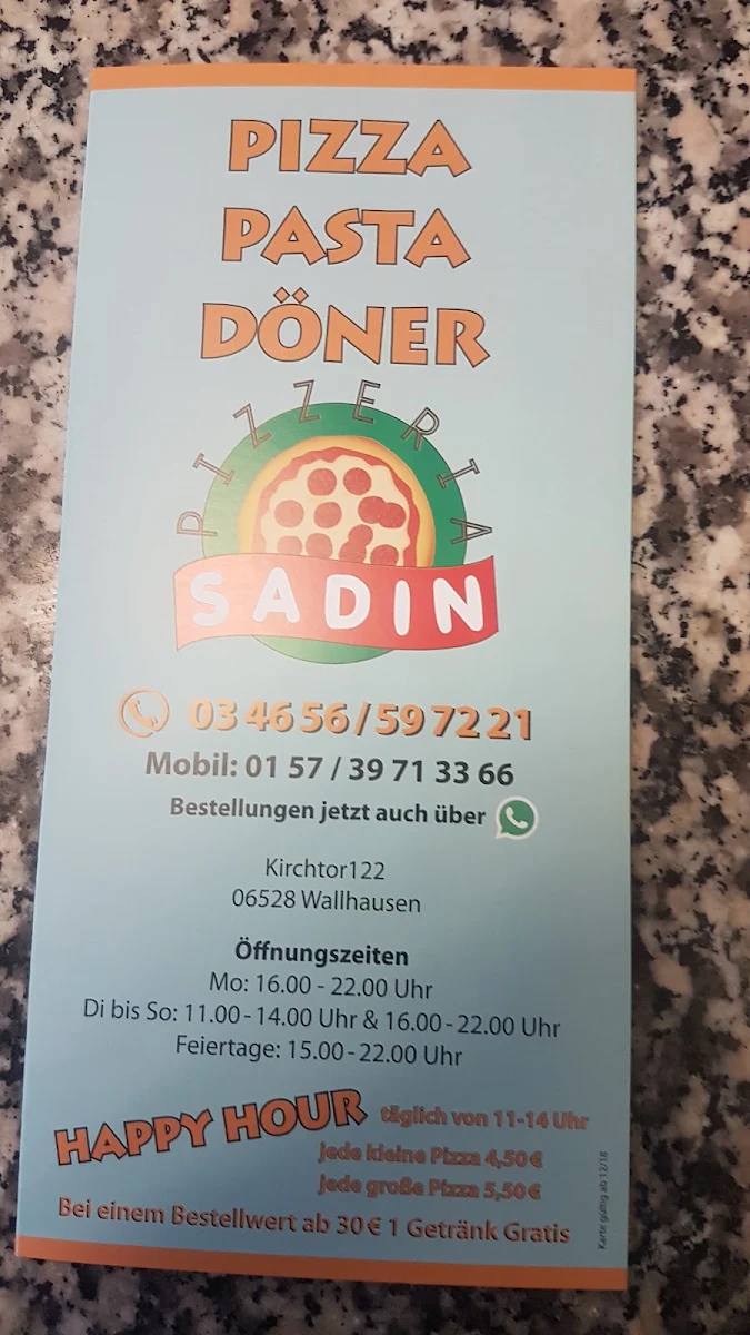Speisekarte, Pizzeria Sadin