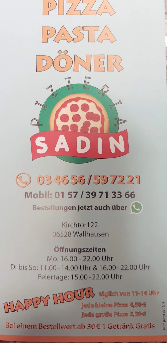 Speisekarte, Pizzeria Sadin