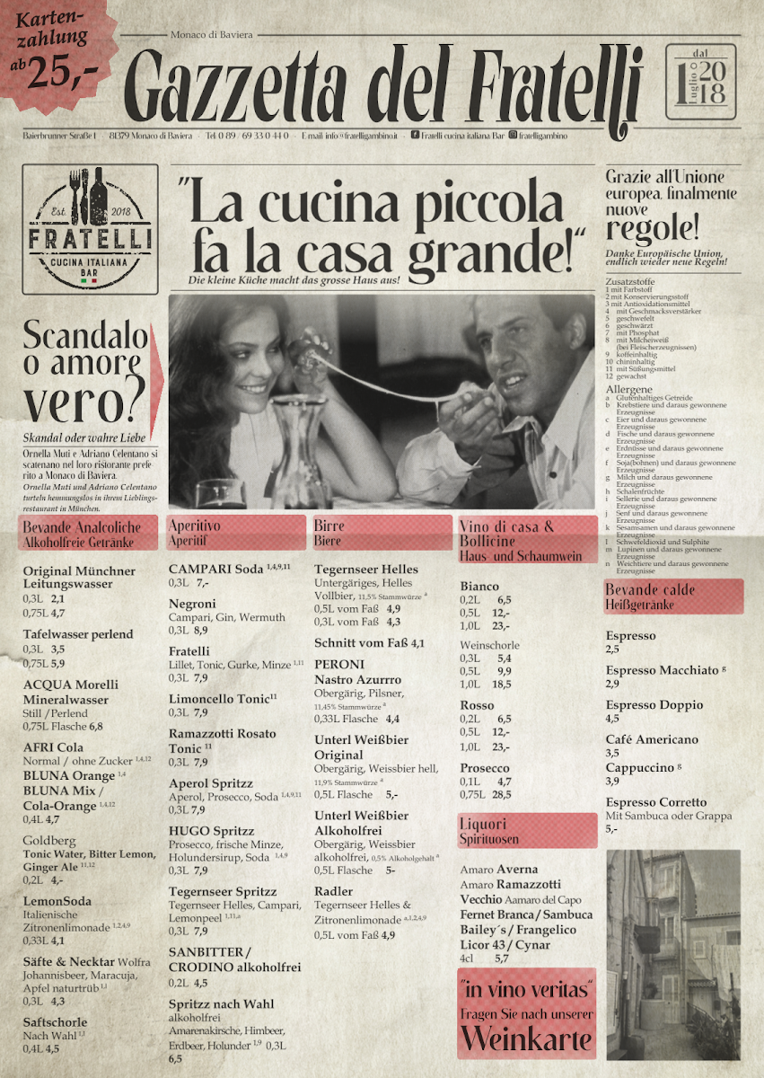Speisekarte, Fratelli - Cucina Italiana / Bar