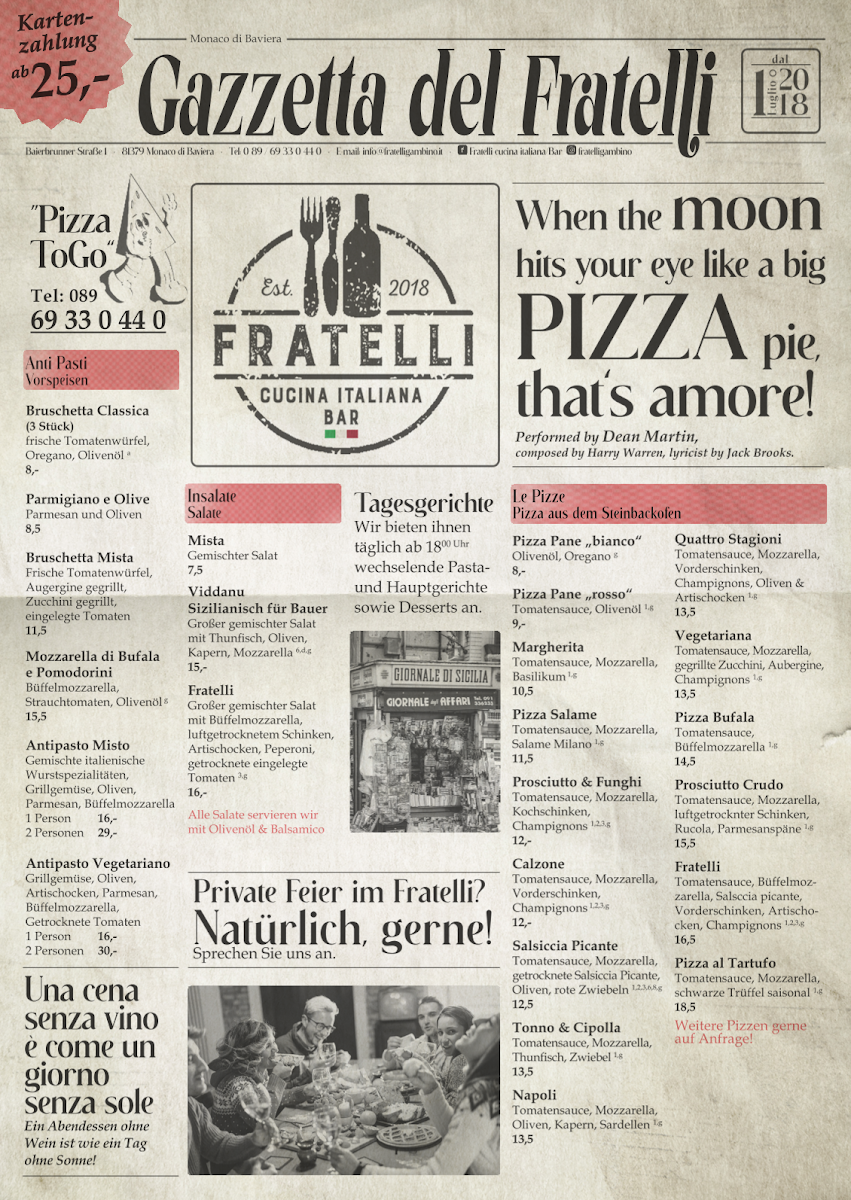 Speisekarte, Fratelli - Cucina Italiana / Bar