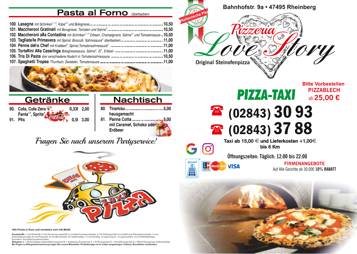 Speisekarte, Pizzeria Love Story
