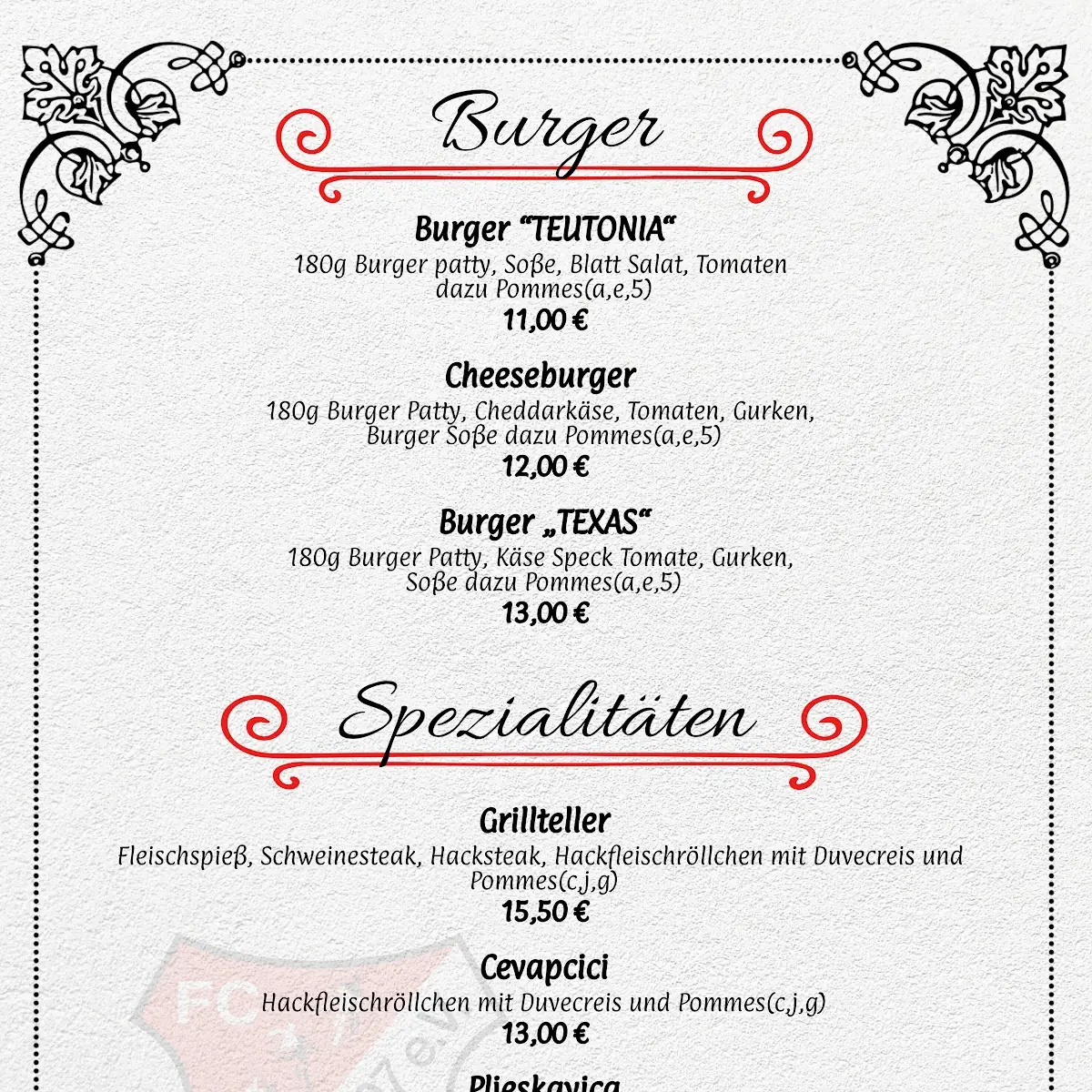 Speisekarte, Teutonia Hausen Restaurant