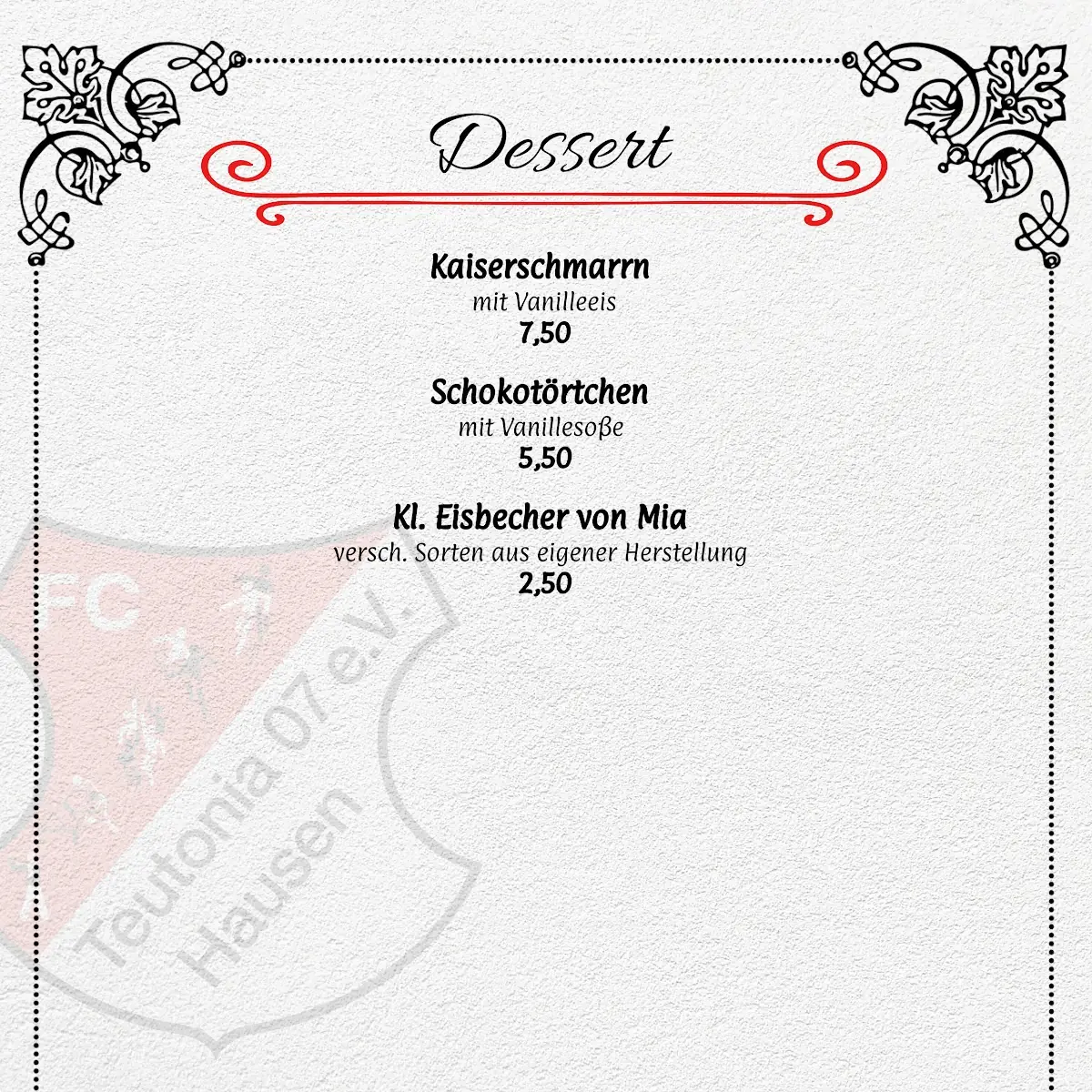 Speisekarte, Teutonia Hausen Restaurant
