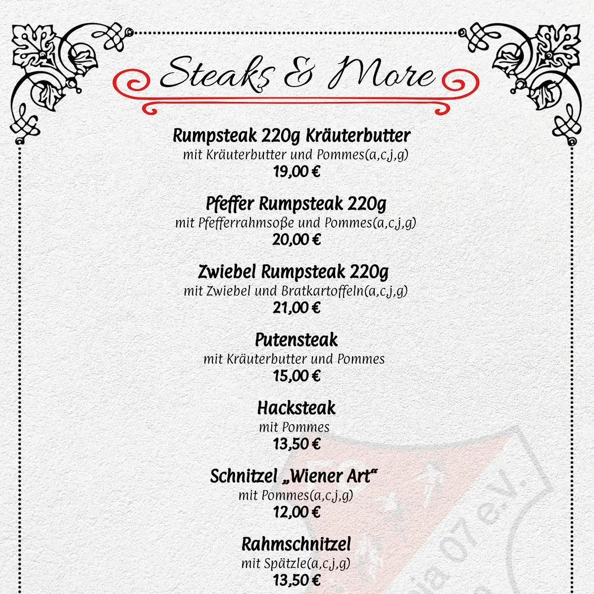 Speisekarte, Teutonia Hausen Restaurant