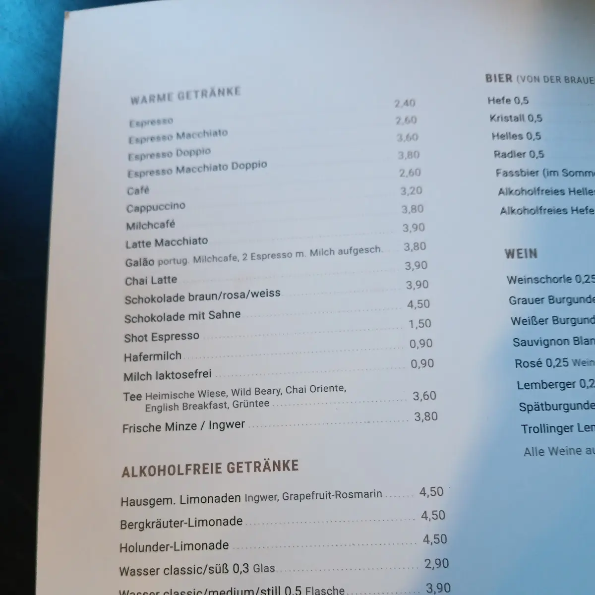 Speisekarte, Café Ö